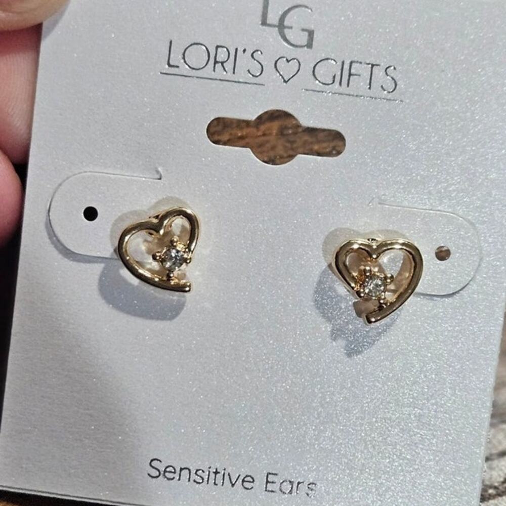 Lori's Gifts Gold-Tone Heart w/ Crystal Ear Sense Stud Earrings ~ Romantic Gift